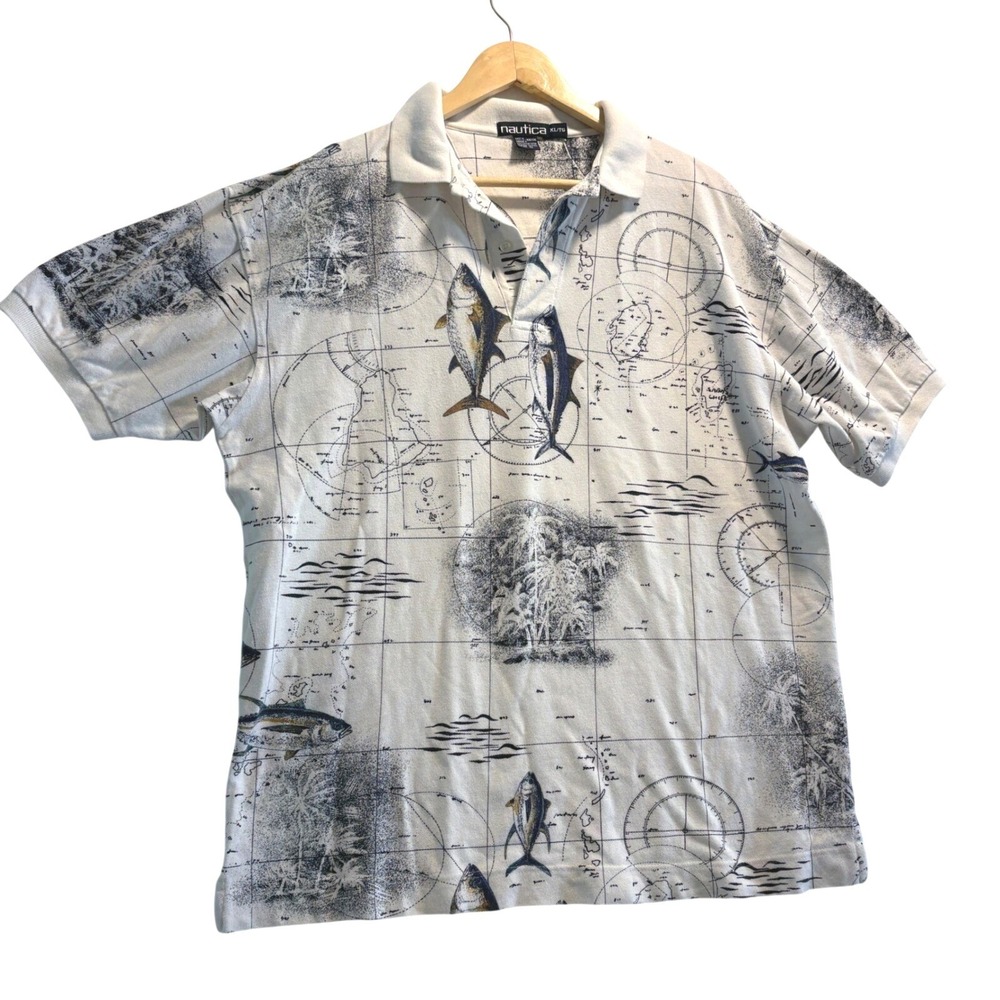 Nautica Mens Vintage Nautical Map Fish Print Polo Shirt White XL 100% Cotton